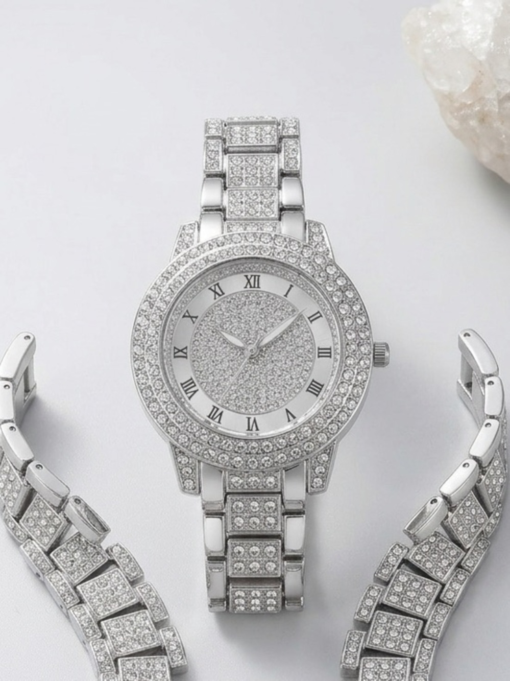Silver Crystal Pavé  king Iced Out Watch and Bracelet Set - Women's Accessories